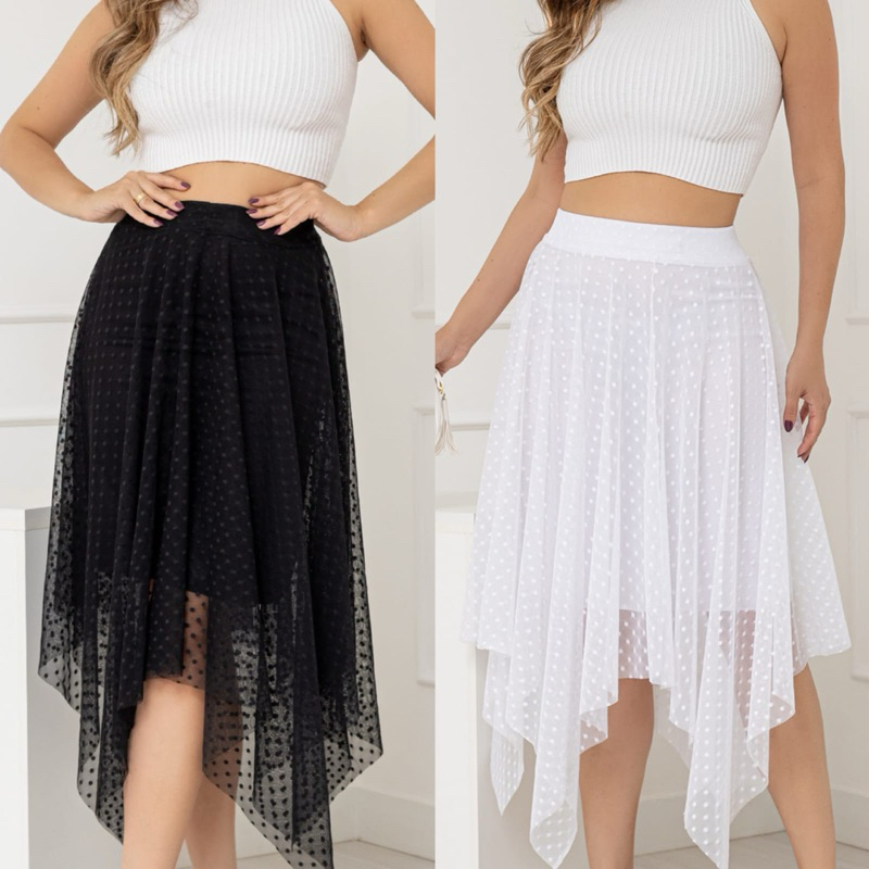 Saia Midi Tule Poá De Ponta Cintura Com Elástico Cód127 em Oferta na Shopee