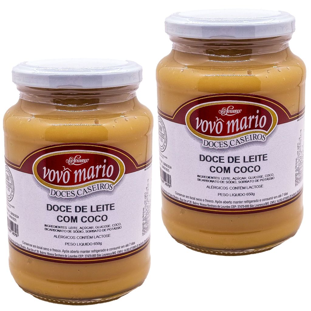 Doce de Leite com Coco com Açúcar Sem Glúten Pote 650g​ Doce Vovô Mário kit 2 unidades