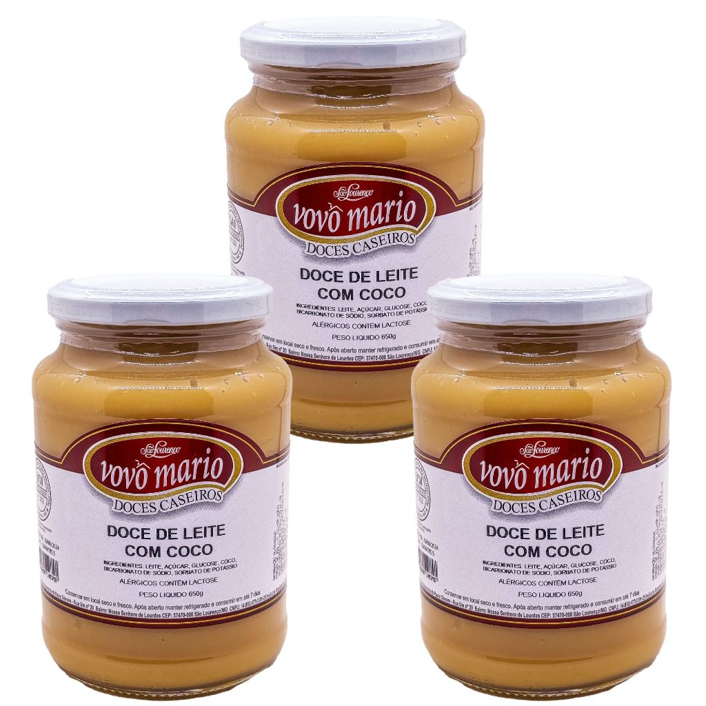 Doce de Leite com Coco com Açúcar Sem Glúten Pote 650g​ Doce Vovô Mário kit com 3 unidades