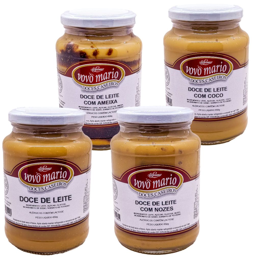 Doces de Leite Vovô Mário 650g com Açúcar Kit com 4 - Doce de Leite Puro, Com Nozes, com Coco e com Ameixa