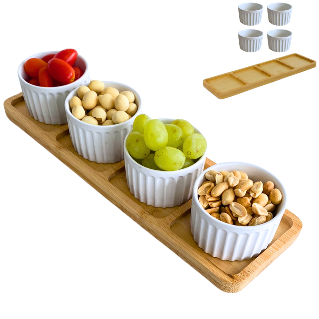 Petisqueira de Bambu Tábua de Frios Kit Petisqueira Mesa Posta Ramequim 5 Peças