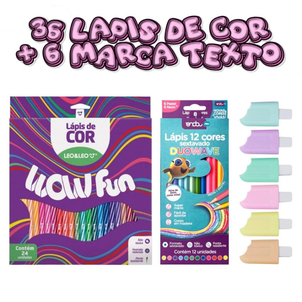 Lapis De Cor 24 Cores Wow+ 12 Lapis 6 Neon 6 Pastel Novas Cores+6 Marca Texto Tom Pastel