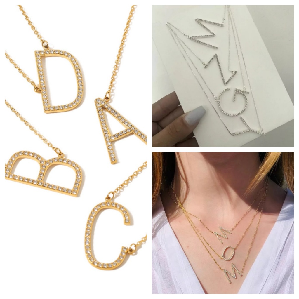 Colar Pingente de Letra Feminino Inicial nome Cravejada Folheado Dourado E Prata em Oferta na Shopee