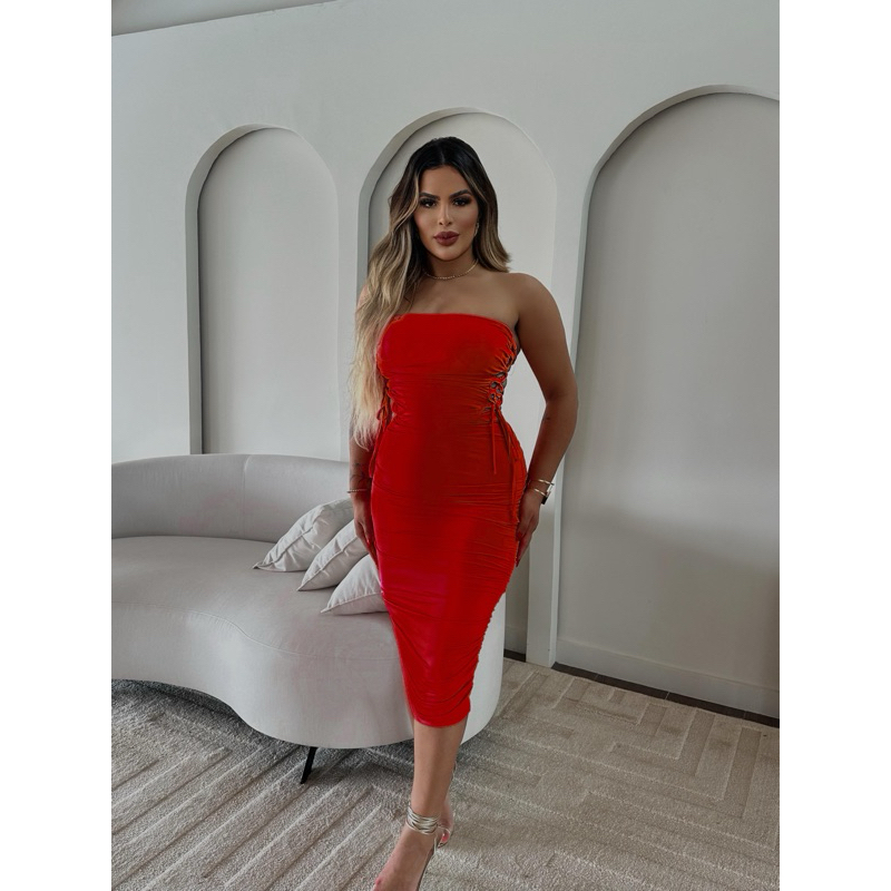 Vestido Franzido Tomara Que Caia Transado Mídi com Bojo Sexy V002