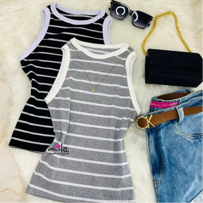 Regata Listrada Bicolor /Regata Feminina Canelada /Blusinha Básica Moda Tecido Ribana Moda Verão