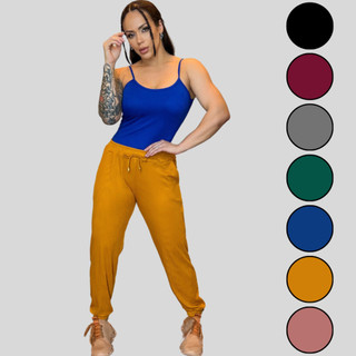 Calça Feminina Jogger Malha Canelada Com Bolso Legging Skinny