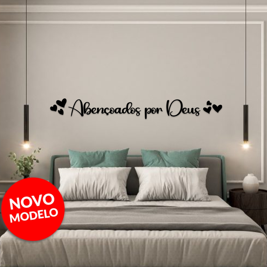 Quadro Decorativo Frase em Mdf Abençoados por Deus + 6 Mini Corações C/Dupla Face