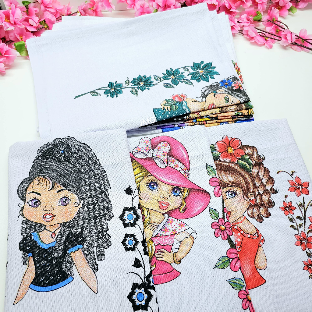 Kit 5 Panos de Prato BONEQUINHAS Misto 73x50cm Nova Era 100% Algodão Decoraçao Artesanato em Oferta na Shopee