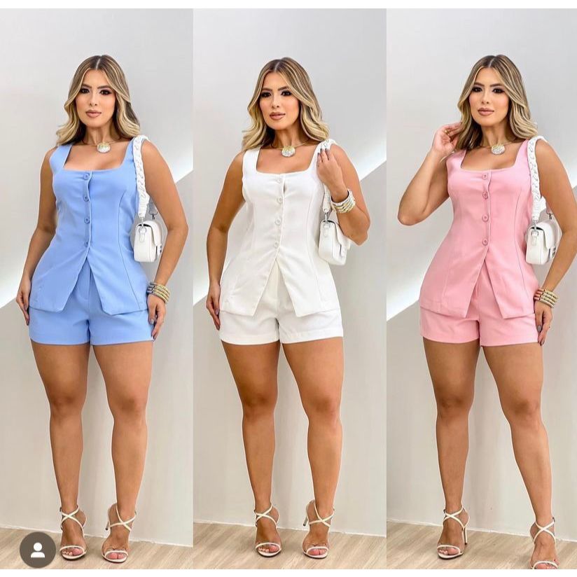 Conjunto  Feminino de Short Colete 4 Botoes  Short com Bolsos + Colete Moderno Premium em Oferta na Shopee