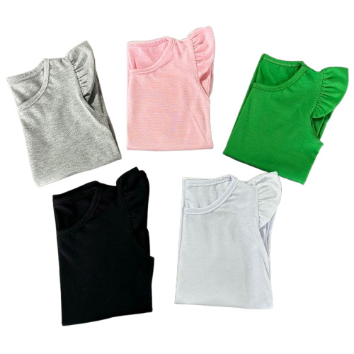 kit Blusa menina Infantil com 3 peças Manga Franzida sem estampa