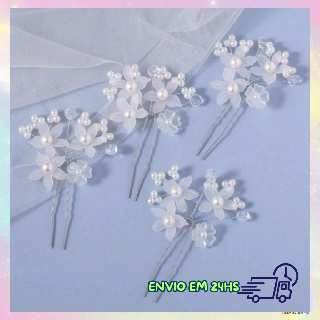 Grampo Enfeite para penteado de noiva com pérolas e flores, madrinha, debutante em Oferta na Shopee