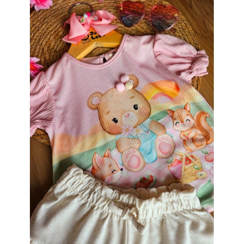 CONJUNTO INFANTIL FEMININO BATA EM CANELADO MAUI COM SHORTS EM MOLEVISCO ROSA/VERDE - INFANTI