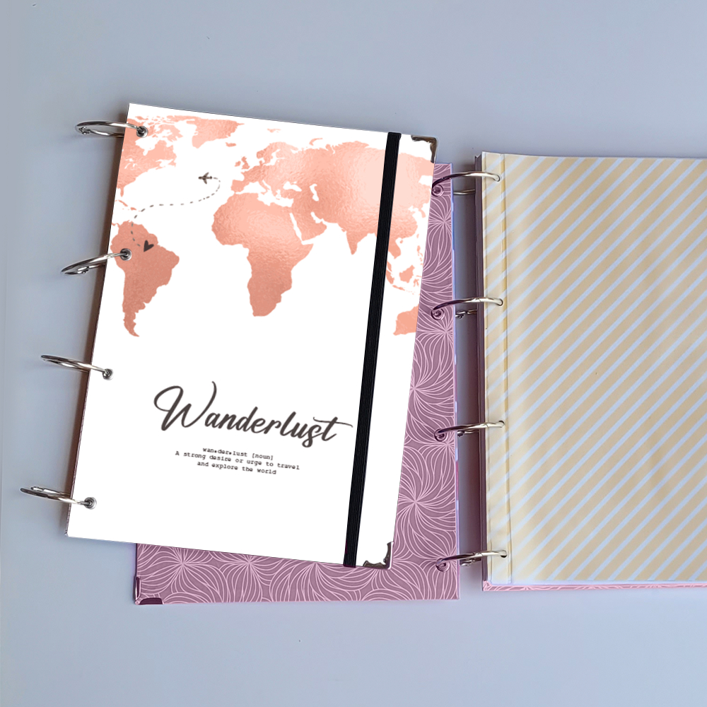 Caderno Argolado Mapa Mundi Wanderlust Viagem (Capa e Argolas) Universitário Colegial A5 Fichário