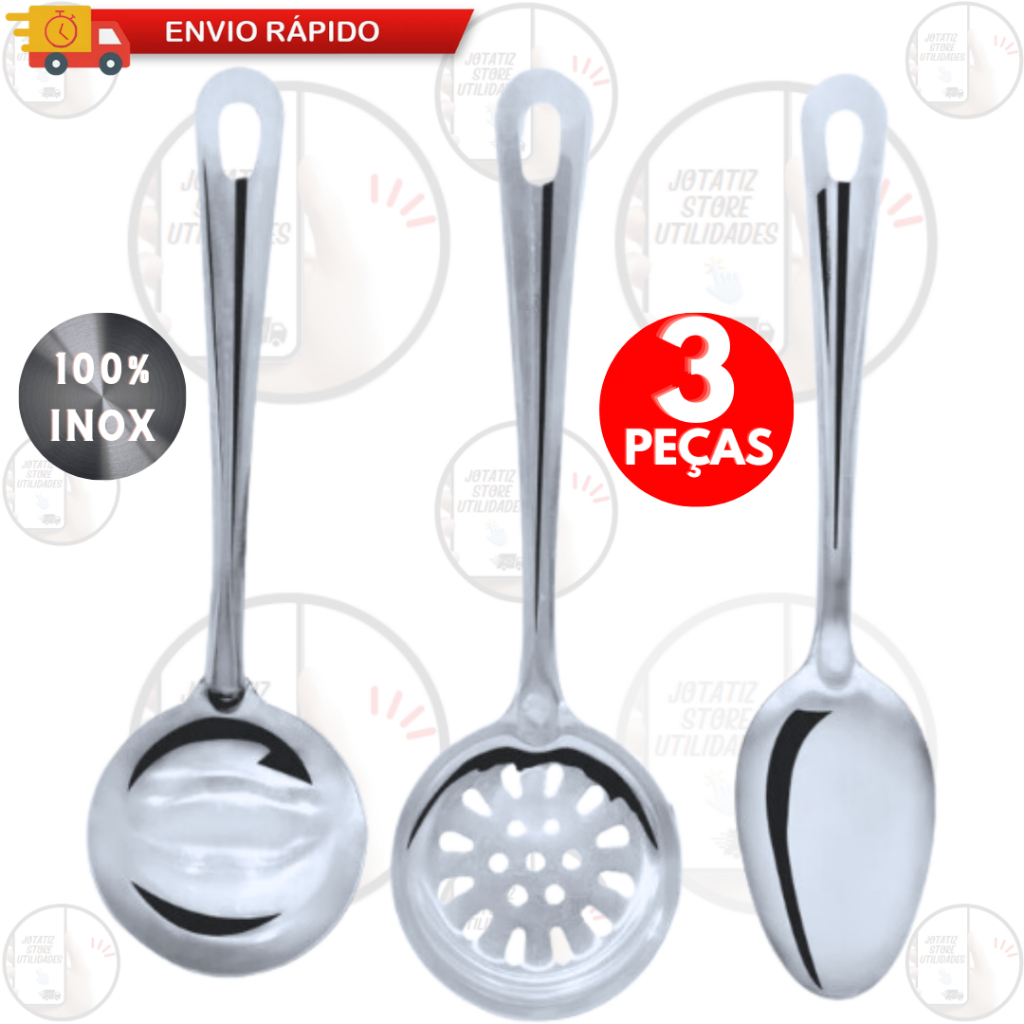 Kit 3 Utensílios De Cozinha Inox Concha Escumadeira Colher GRANDE Para Casa Cozinha Restaurante Buffet