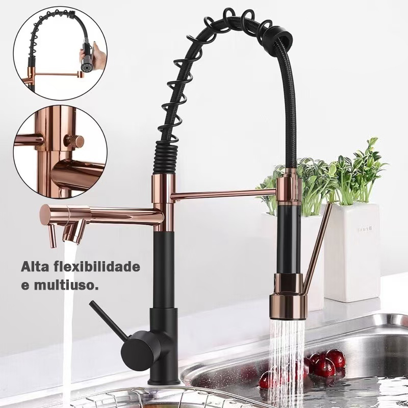 Torneira Cozinha Gourmet Monocomando Com Spray Extensor-Preto Rosa Ouro em Oferta na Shopee