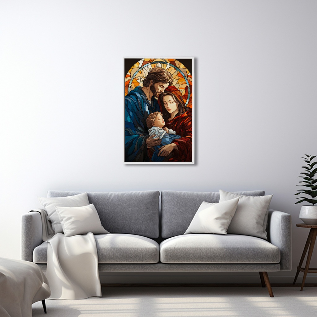 Quadro Decorativo Sagrada Família em Vitral Para Sala Quarto Escritorio 50x75 e 60x90 cm - Home & Living