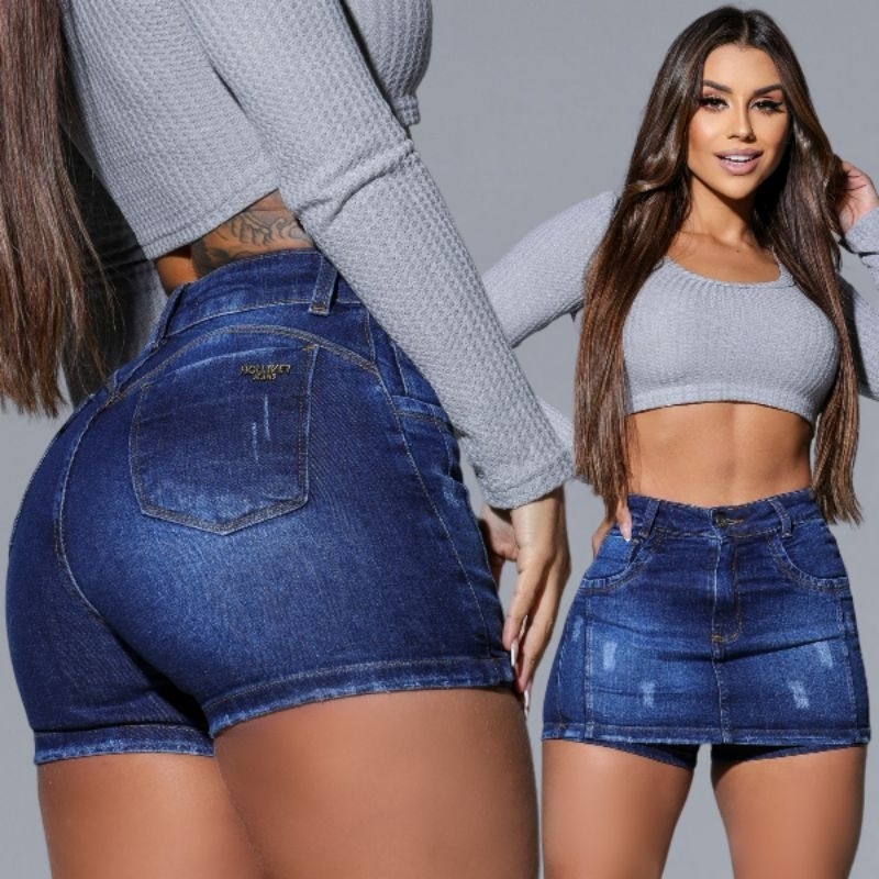 Short Saia Jeans Feminina Cintura Alta Luxo Com Elastano em Oferta na Shopee