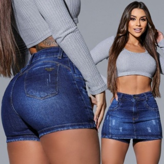 Short Saia Jeans Feminina Cintura Alta Luxo Com Elastano em Oferta na Shopee