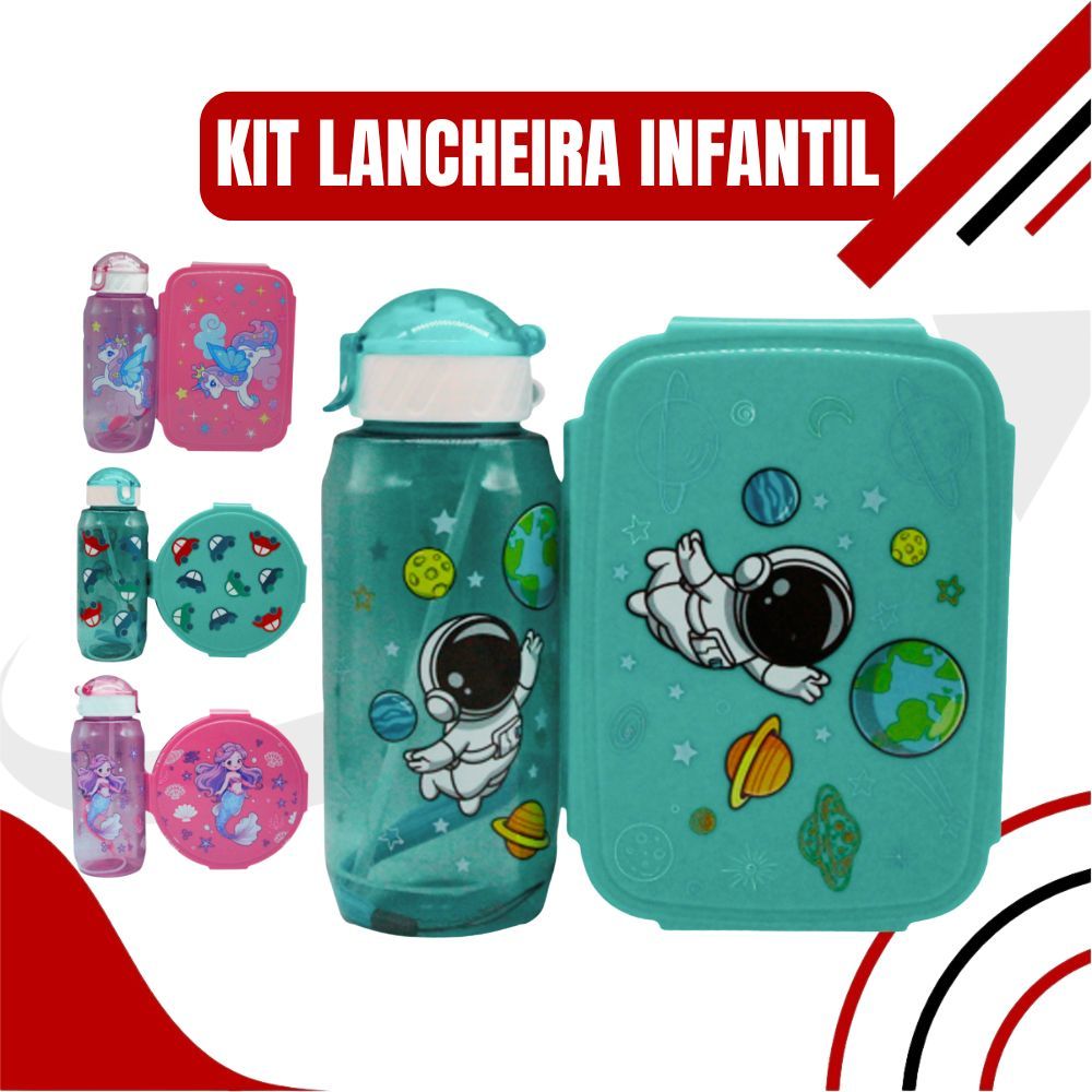 Kit Lancheira Refeição Infantil Com Divisória Colher + Garfo + Garrafa Escolar Multiuso