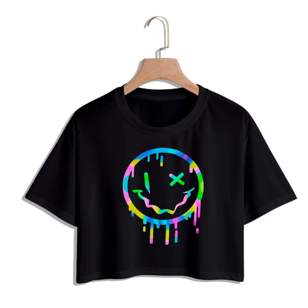 Cropped Oversized Emoji Colorido Básico Estiloso Moda Feminina Estilo Básica Algodão Delicada