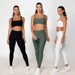 Conjunto Fitness Academia Feminino Top Decote Quadrado Texturizado Calça Legging Canelada Elevate