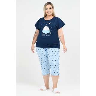 Pijama Feminino Pescador Plus Size de Algodão Good Night Marinho Bolinhas