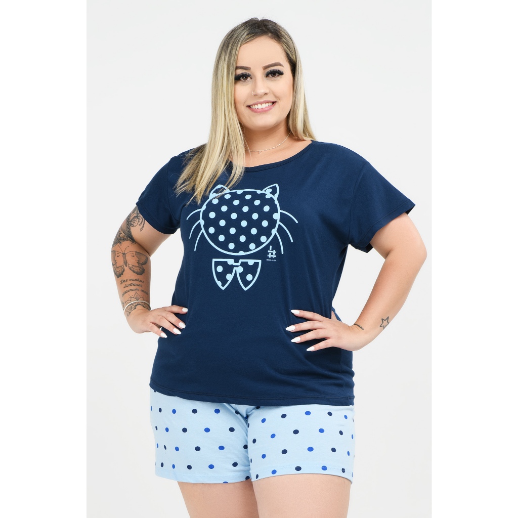 Pijama Feminino Plus Size 100% Algodão Gatinho Bolinha Marinho Manga Curta BeBlast
