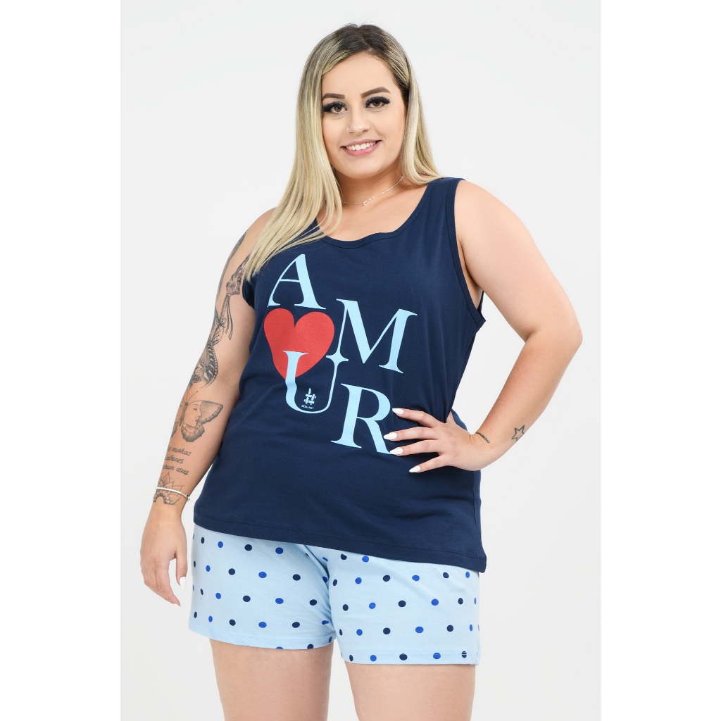 Pijama Feminino Regata Plus Size de Algodão Amur Marinho Estampado