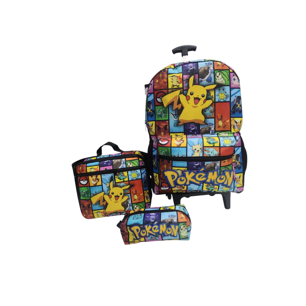 KIT MOCHILA ESCOLAR INFANTIL DE RODINHAS DO POKEMON PIKACHU / MOCHILA + LANCHEIRA + ESTOJO