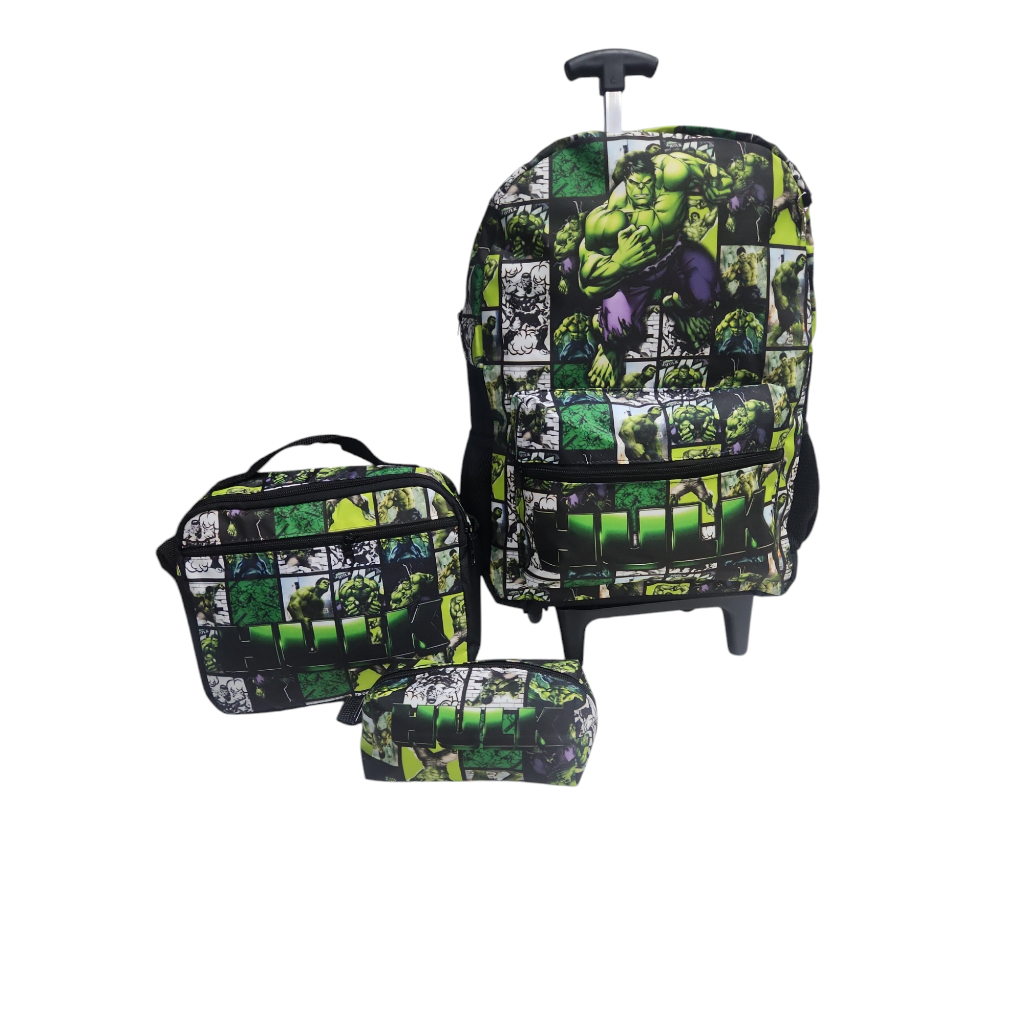 KIT MOCHILA ESCOLAR INFANTIL DE RODINHAS DO INCRIVEL HULK / MOCHILA + LANCHEIRA + ESTOJO.