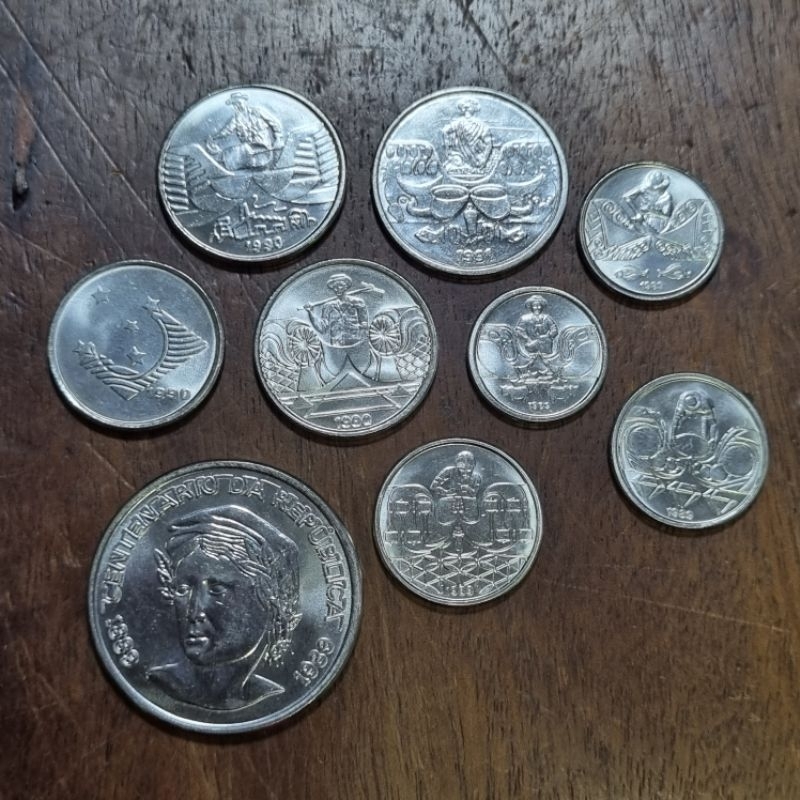 Set 9 Moedas - Cruzado Novo e Cruzeiro - Moeda Centenário da República- Moeda Bandeira - Moeda Pescador - Moeda Bandeiro