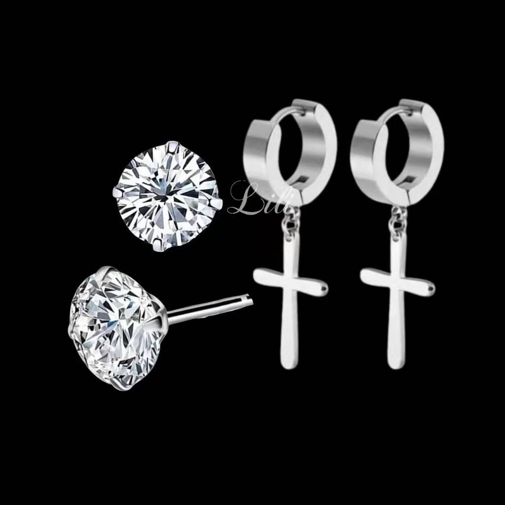 Kit 2 pares Brinco Brilhante De Zirconia 6mm e Brinco Cruz Prata Masculino e Feminino