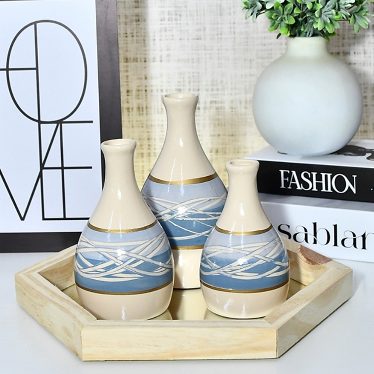 Enfeite Kit 4 Peças Bandeja + Vaso Cerâmica Rack Sala Conjunto Completo Decorativas trio centro mesa
