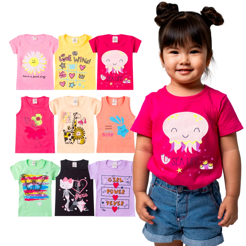 Kit 2, 3, 4, 5 ou 6 Peças Camisetas Verão Infantil Menina Feminino Manga Curta Veste 1 ao 14 em Oferta na Shopee