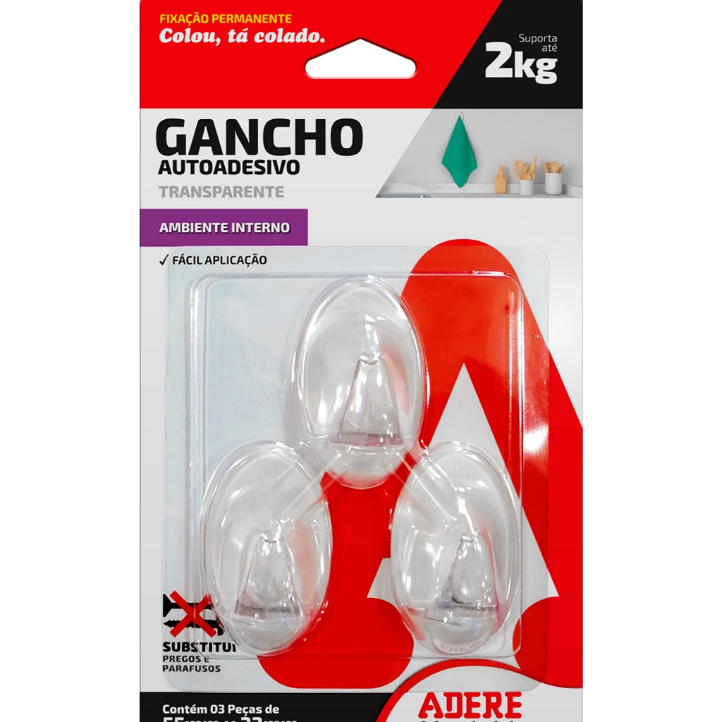 Gancho Adesivo Transparente Com 3 Unidades Medio Adere - Home & Living