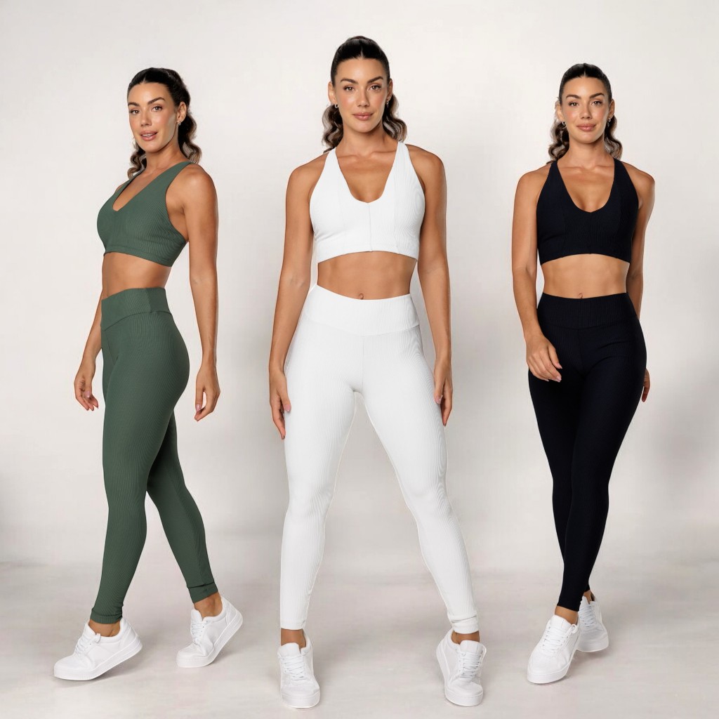 Conjunto Fitness Academia Feminino Top Decote V Texturizado Calça Legging Canela