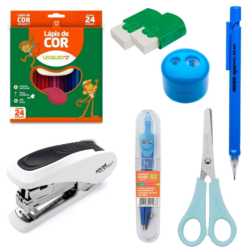 Kit Material Escolar Compasso Neon Grampeador de Metal Lapiseira Lapis De Cor Borracha - Leo e Leo