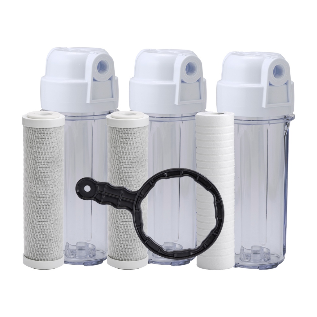 KIT 03  Filtro Caixa Dágua Cavalete com 03 suporte + 2 Refil Carbon Block 01 Refil PP + Chave
