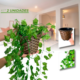 Kit Planta Decorativa: 2 Vasos Trançado Marrom + 6 Pendentes Artificial Folhas De Hera em Oferta na Shopee