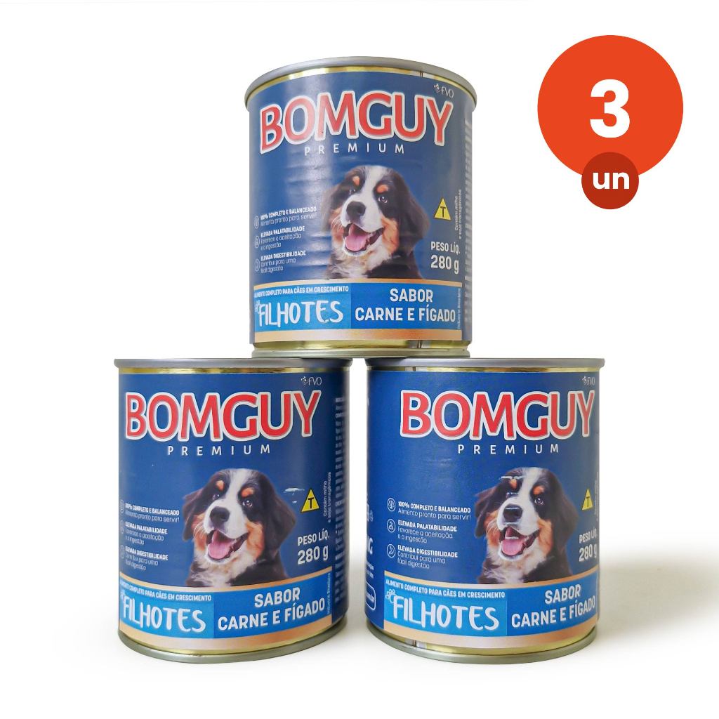 Kit 3 Bomguy Premium Patê Sabor Carne e Fígado Ração Úmida para Cães Filhotes 280g FVO