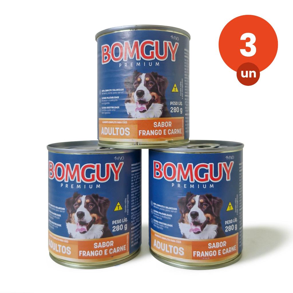 Kit 3 Bomguy Premium Patê Sabor Frango e Carne Ração Úmida para Cães Adultos 280g FVO - Pets