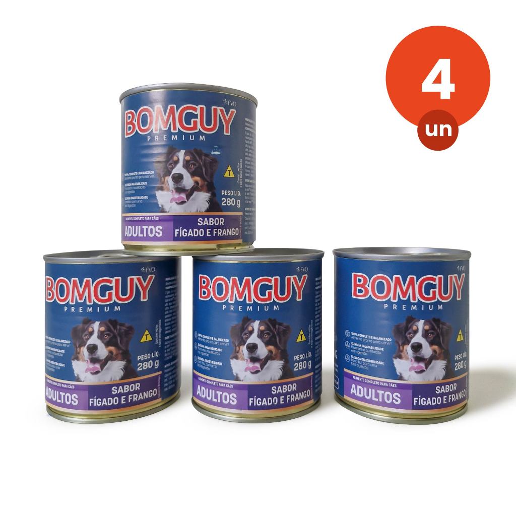 Kit 4 Bomguy Premium Patê Sabor Fígado e Frango Ração Úmida para Cães Adultos 280g FVO - Pets