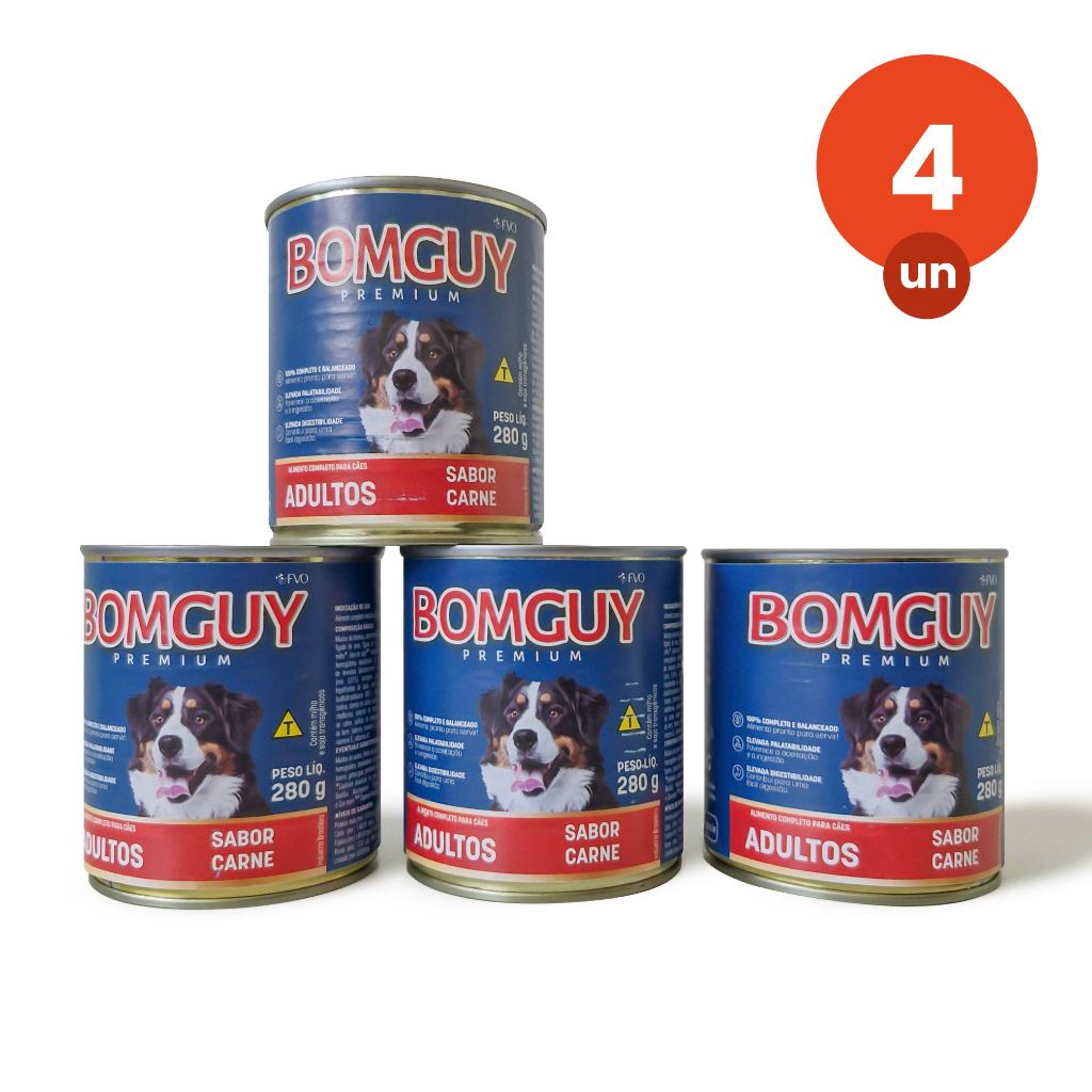Kit 4 Bomguy Premium Patê Sabor Carne Ração Úmida para Cães Adultos 280g FVO - Pets
