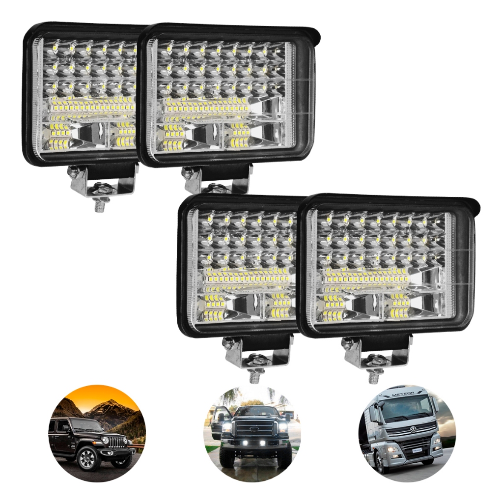 Kit 4 Farolete Milha Led Retangular 90W Trator Carro Jeep Troller Caminhão 12V 24V