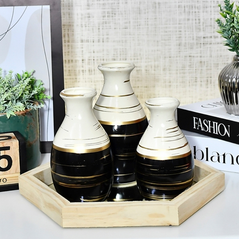 Kit 4 Peças Bandeja + vaso Cerâmica Enfeite Rack Sala Conjunto Completo Decorativas trio centro mesa