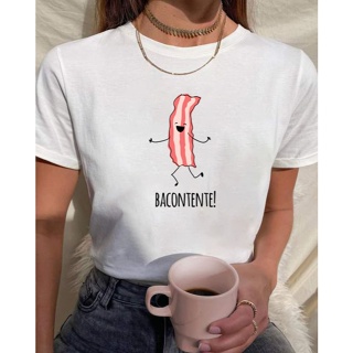 Camiseta Babylook Feminina Bacontente Frases Engraçadas Fofa Tumblr 100% Algodão em Oferta na Shopee