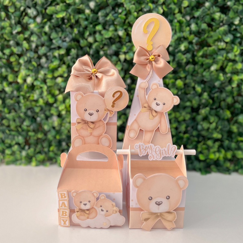 Kit Festa Chá Revelação Bebê Ursinho Bege Personalizado | Lembrancinha Aniversário | Caixa Milk