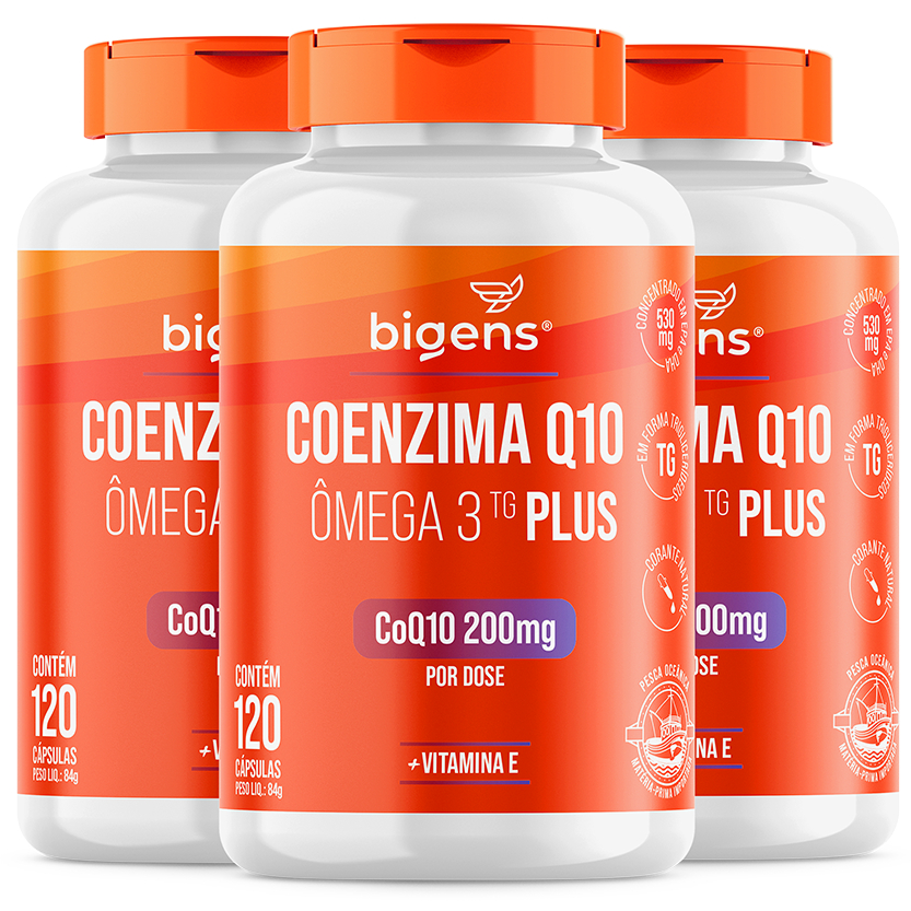 BIGENS KIT 3X COENZIMA Q10 200MG + ÔMEGA 3 TG PLUS VIT E 120 CAPS BIOGENS em Oferta na Shopee