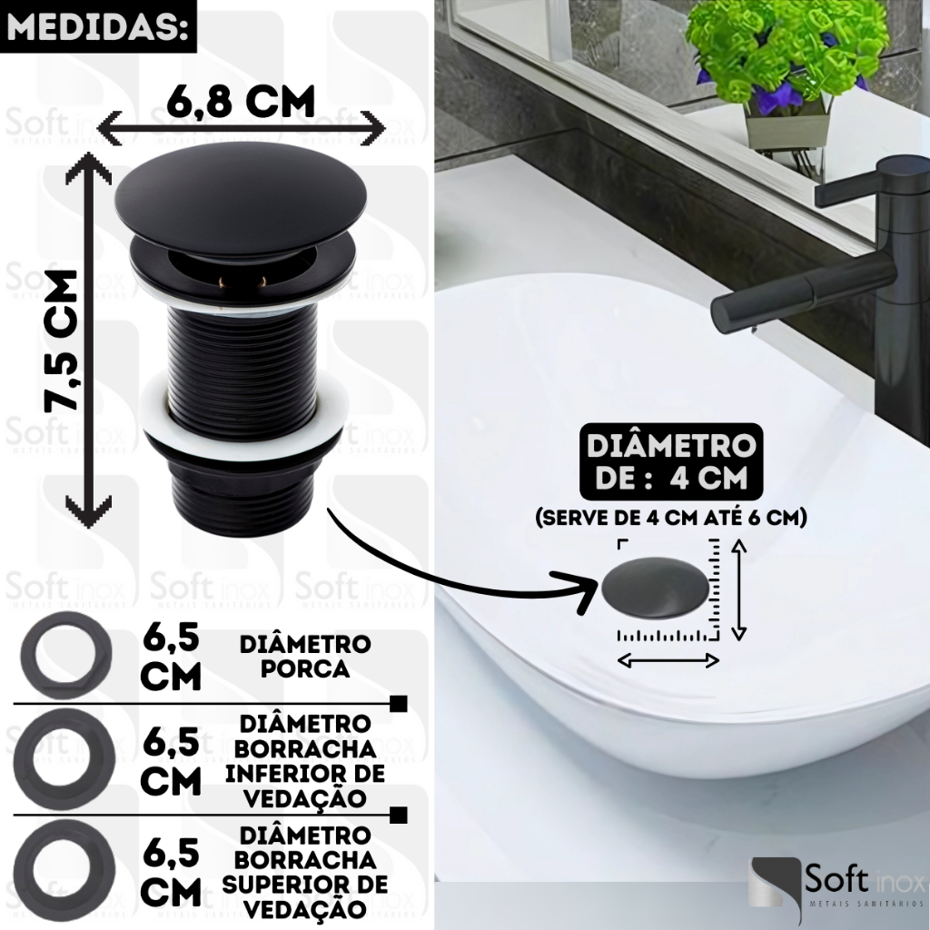 Válvula Click De Inox Ralo P/ Cuba Pia de Banheiro Lavatório 1.1/4 Preto Black de 4cm · foto 2