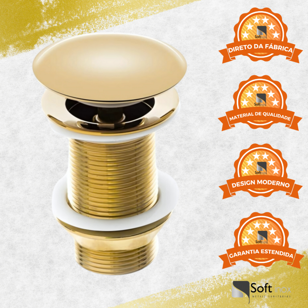 Válvula Ralo Pia Click Inox Para Cuba Banheiro Lavatório 1.1/4 Luxo 4cm Dourada